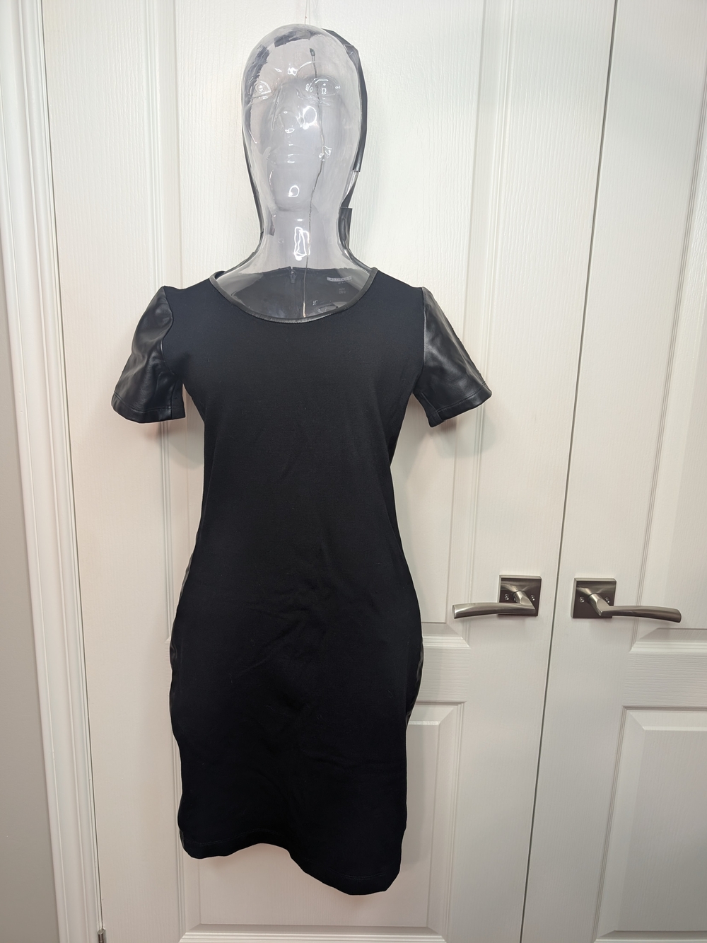 Black Short Sleeve Faux-Leather Trim Sheath Dress